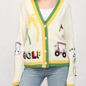 FATE Born To Golf Sweater Size Small Embroidered Patches Cardigan Novelty EUC